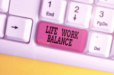 Handwriting text writing Life Work Balance. Concept meaning stability demonstrating needs between his job and demonstratingal time White pc keyboard with empty note paper above white background key co clipart
