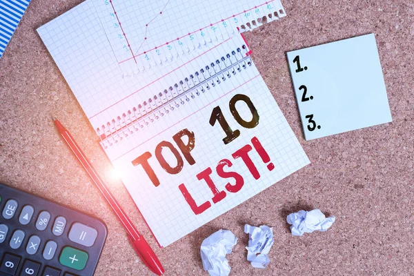 Writing note showing Top 10 List. Business photo showcasing the ten most important or successful items in a particular list Desk notebook paper office paperboard study supplies chart.