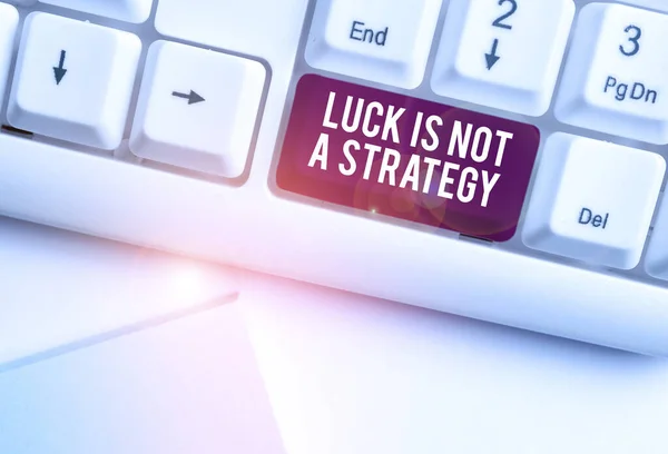 Text sign showing Luck Is Not A Strategy. Conceptual photo it is not being Lucky when planned intentionally White pc keyboard with empty note paper above white background key copy space.