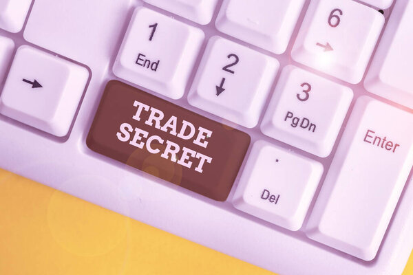 Text sign showing Trade Secret. Conceptual photo technique used by a company in analysisufacturing its products White pc keyboard with empty note paper above white background key copy space.