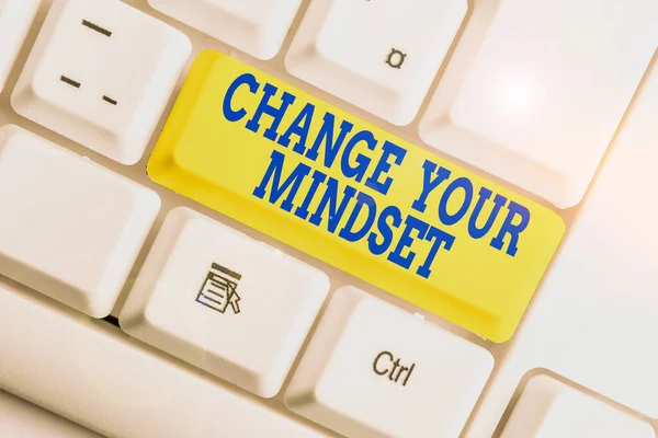 Text sign showing Change Your Mindset. Conceptual photo replace your beliefs way of thinking mental path White pc keyboard with empty note paper above white background key copy space. — Stock Photo, Image