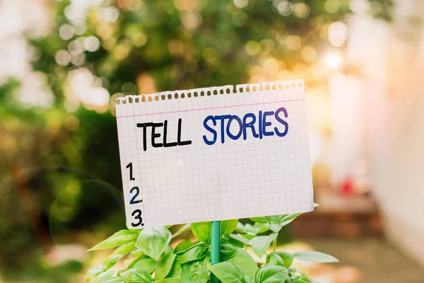 Text sign showing Tell Stories. Conceptual photo formal to tell someone about something that has happened Plain empty paper attached to a stick and placed in the green leafy plants.