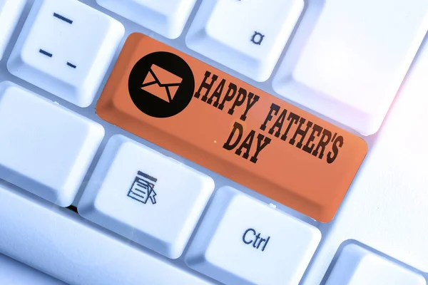 Word writing text Happy Father S Day. Business concept for time of year to celebrate fathers all over the world White pc keyboard with empty note paper above white background key copy space.