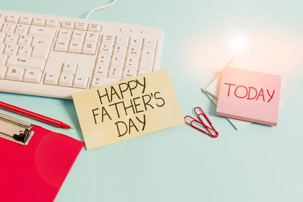 Word writing text Happy Father S Day. Business concept for time of year to celebrate fathers all over the world Paper blue desk computer keyboard office study notebook chart numbers memo.