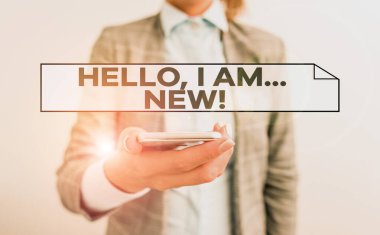 El yazısı. Merhaba, ben yeniyim. Kavram, bir grupta kendinizi yeni çalışan ya da iş kadını olarak tanıtmaktır. Cep telefonu ve iş kadınlarıyla iş dünyası kavramı..