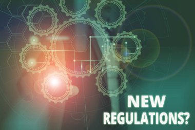 Yeni Yönetmelik Sorusu 'nu gösteren metin işareti. Kavramsal fotoğraf kuralları devlet düzenini kontrol altına aldı. Bir şeyler yapıldı. Fotoğraf sistemi şeması modern teknoloji akıllı aygıtı..