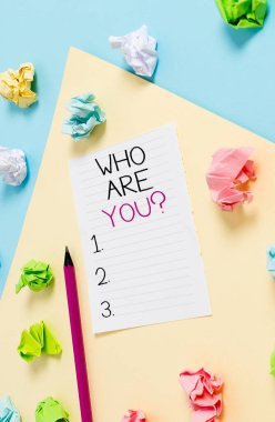 Conceptual hand writing showing Who Are Youquestion. Business photo showcasing someone asking your demonstratingal background or history Colored crumpled paper empty reminder blue yellow clothespin.