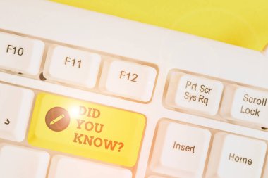 Conceptual hand writing showing Did You Know Question. Business photo showcasing Fun Facts and Figures Information General Knowledge White pc keyboard with note paper above the white background.