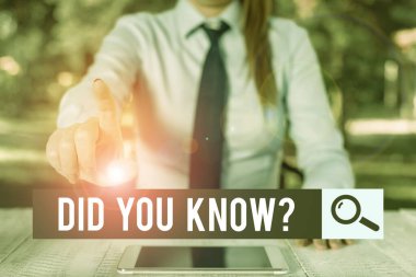 Handwriting text writing Did You Know Question. Concept meaning Fun Facts and Figures Information General Knowledge Female business person sitting by table and holding mobile phone.