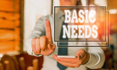 Conceptual hand writing showing Basic Needs. Business photo text something that you must have in order to sustain or live life Woman in the background pointing with finger in empty space. clipart