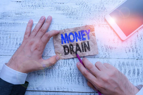 Conceptual hand writing showing Money Drain. Business photo showcasing To waste or squander money Spend money foolishly or carelessly Hand hold note paper near writing equipment and smartphone.