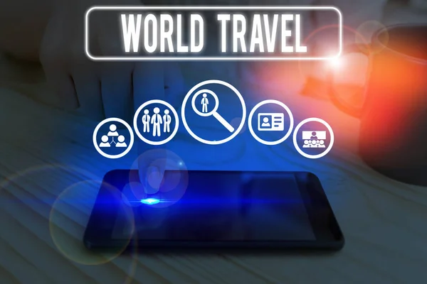 Woord schrijven tekst World Travel. Bedrijfsconcept voor het verkeer van informatie tussen afgelegen geografische locaties. — Stockfoto