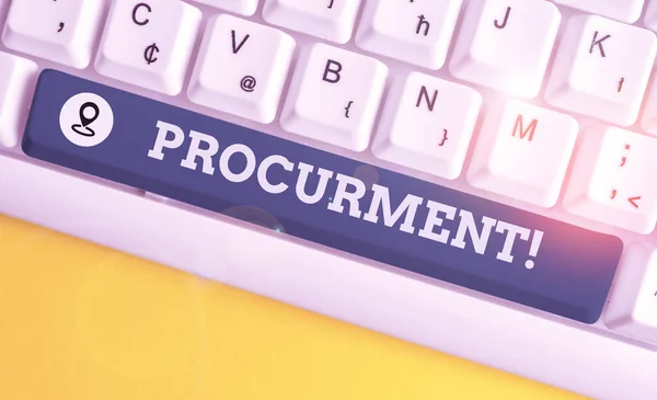 Writing note showing Procurment. Business photo showcasing action of acquiring military equipment and supplies White pc keyboard with note paper above the white background. — Stock Photo, Image