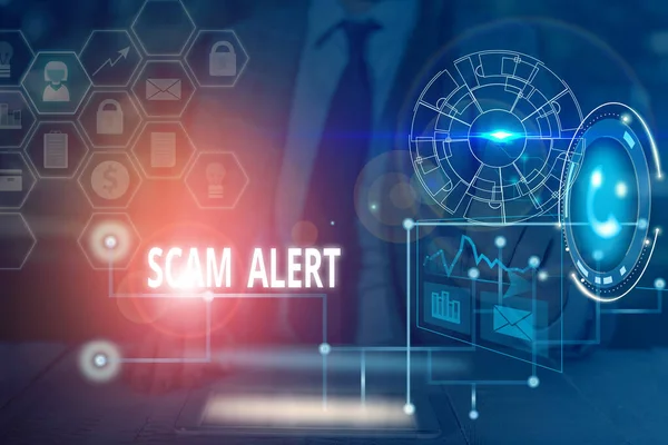 Handwriting text writing Scam Alert. Concept meaning unsolicited email that claims the prospect of a bargain Picture photo system network scheme modern technology smart device. — Stock Photo, Image