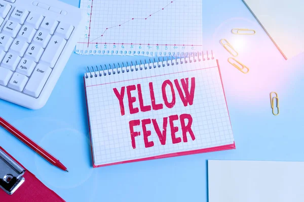 Χειρόγραφο κείμενο Κίτρινο Πυρετός. Έννοια σημαίνει τροπική ασθένεια του ιού που επηρεάζει το ήπαρ και τα νεφρά Χαρτί μπλε γραφείο υπολογιστή πληκτρολόγιο γραφείο μελέτη σημειωματάριο αριθμούς διάγραμμα σημείωμα. — Φωτογραφία Αρχείου