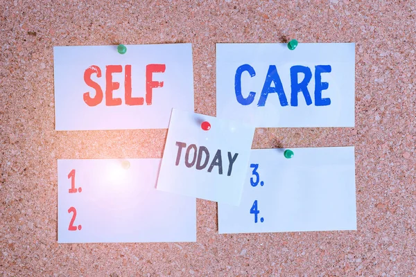 Text sign showing Self Care. Conceptual photo the practice of taking action to improve one s is own health Corkboard color size paper pin thumbtack tack sheet billboard notice board. — Stock Photo, Image