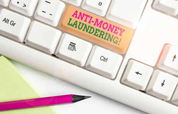 Text sign showing Anti Money Laundering. Conceptual photo regulations stop generating income through illegal actions White pc keyboard with empty note paper above white background key copy space.