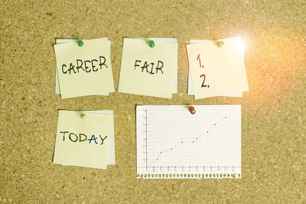 Conceptual hand writing showing Career Fair. Business photo text an event at which job seekers can meet possible employers Corkboard size paper thumbtack sheet billboard notice board.