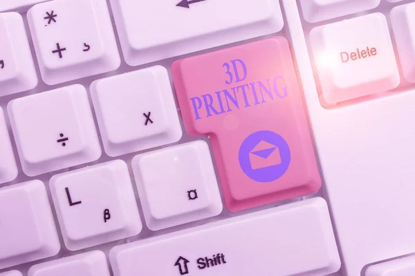 글자 그대로 3D 프린팅. 흰색 배경 키 복사 공간 위에 빈 노트 종이가 있는 3 차원 디지털 모델 화이트 PC 키보드로 물체를 만들기 위한 비즈니스 개념. — 스톡 사진