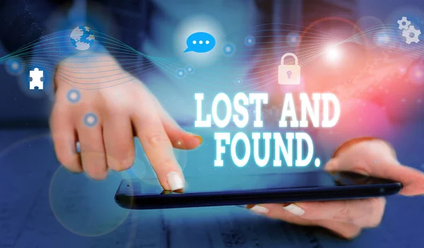 Writing note showing Lost And Found. Business photo showcasing a place where lost items are stored until they reclaimed Picture photo network scheme with modern smart device. — Stock Photo, Image