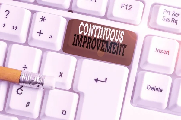 Text sign showing Continuous Improvement. Conceptual photo ongoing effort to improve products or processes White pc keyboard with empty note paper above white background key copy space.