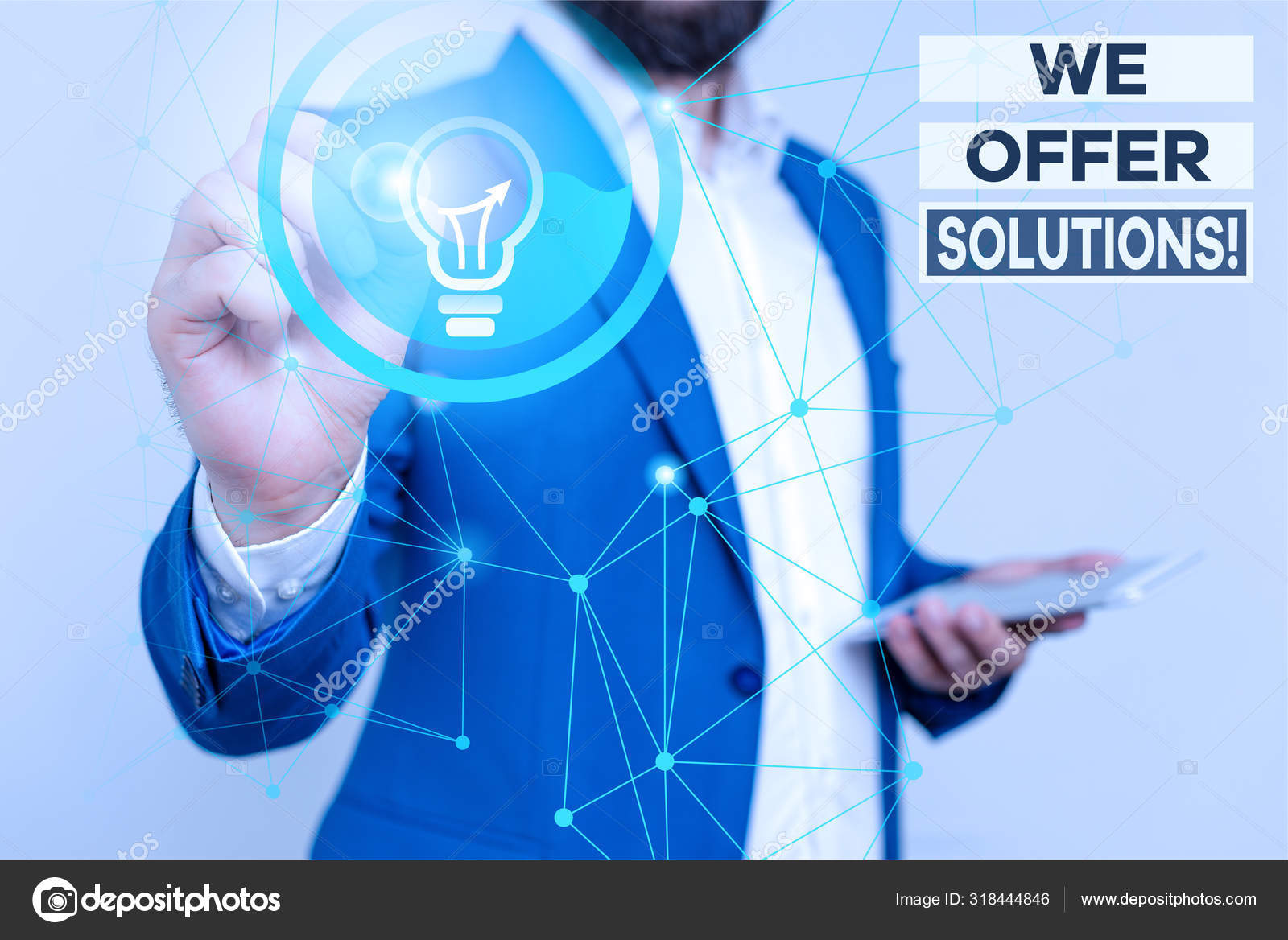 Handwriting Text Writing We Offer Solutions Concept Meaning Way To Solve Problem Or Deal With Difficult Situation Male Human Wear Formal Work Suit Presenting Presentation Using Smart Device Stock Photo Image