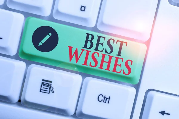 Handwriting text writing Best Wishes. Concept meaning an expression of hope for someone s is future happiness or welfare White pc keyboard with empty note paper above white background key copy space.