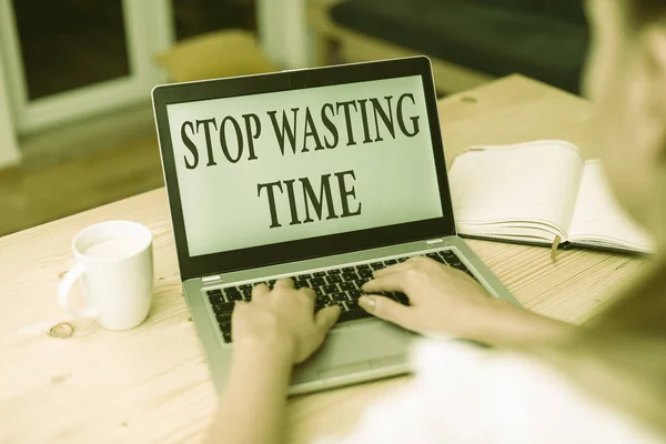 Word writing text Stop Wasting Time. Business concept for advising demonstrating or group start planning and use it wisely woman laptop computer smartphone mug office supplies technological devices. — Stockfoto