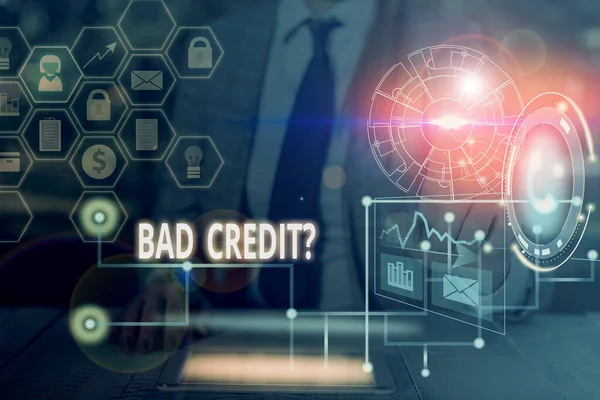 Handstil text skriva Bad Creditquestion. Begreppet innebär oförmåga en demonstration för att återbetala en skuld i tid och i sin helhet Bild fotosystem system system system modern teknik smart anordning. — Stockfoto