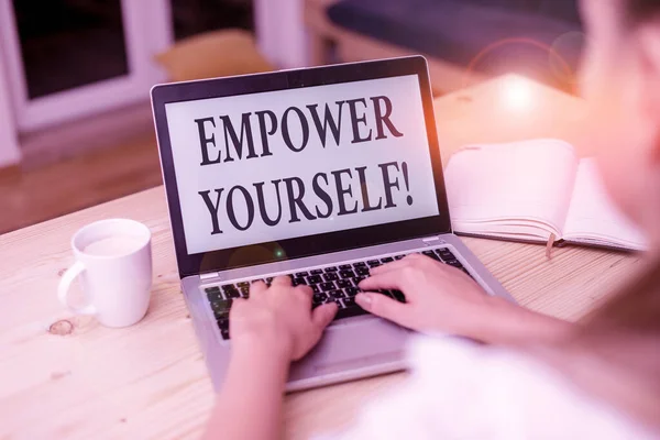 Word writing text Empower Yourself. Business concept for taking control of our life setting goals and making choices woman laptop computer smartphone mug office supplies technological devices. — Stock Photo, Image