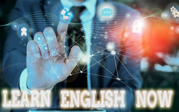 Writing note showing Learn English Now. Business photo showcasing gain or acquire knowledge and skill of english language Picture photo network scheme with modern smart device. — Stock Photo, Image