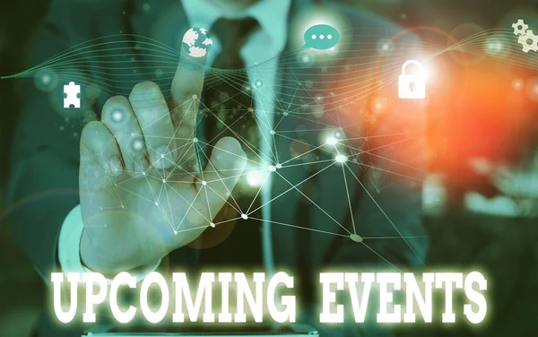 Writing note showing Upcoming Events. Business photo showcasing the approaching planned public or social occasions Picture photo network scheme with modern smart device. — Stock Photo, Image