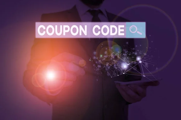 Handschrift tekst schrijven Coupon Code. Concept betekent ticket of document dat kan worden ingewisseld voor een financiële korting. — Stockfoto