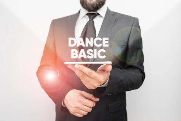 Texto de escritura de palabras Dance Basic. Concepto de negocio para la actividad que utiliza el cuerpo y la gama de movimiento Traje de trabajo formal de desgaste humano masculino mantenga inteligente teléfono inteligente de alta tecnología use una mano . — Foto de Stock