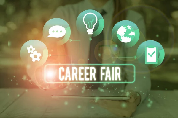 Text sign showing Career Fair. Conceptual photo an event at which job seekers can meet possible employers.