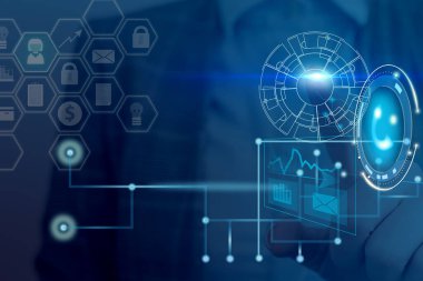 Modern teknoloji akıllı aygıtında ağ sisteminin fotoğrafı. Şematik ağ haberleşme bilgisinin resimli resim simgesi