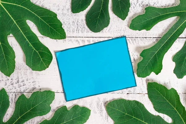 Notepaper colocado por encima de la mesa de madera clásica entre hojas verdes. Hoja que rodea una hoja de papel de notación sobre un fondo de madera.Manera artística de organizar fotografías planas — Foto de Stock