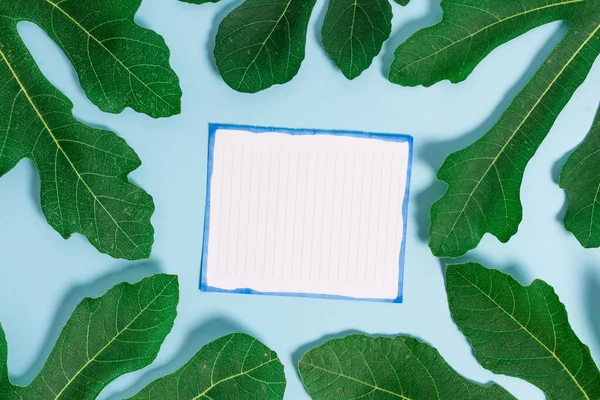 A zöld levelek közé a sima asztal fölé helyezett jegyzetfüzet. Levél körülvevő jelölés papír lap egy puha pasztell háttér.Művészeti módja elrendezése lapos fekteti fotózás — Stock Fotó