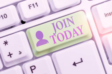 Enter Today 'i gösteren bir not yazıyorum. Yeni bir grup üyesi olmak ya da organizasyona kaydolmak için iş fotoğrafı sergisi.
