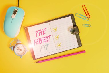 Kelime yazma metni The Perfect Fit. Bulmaca parçaları için iş konsepti İyi takım çalışması Bağlantı Bağlantı Kilitli günlük sayfaları Fare alarmlı saat işaretli arkaplan rengi.