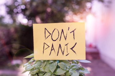 Handwriting text writing Don T Panic. Concept meaning to avoid sudden uncontrollable fear or anxiety Keep calm Plain empty paper attached to a stick and placed in the green leafy plants.