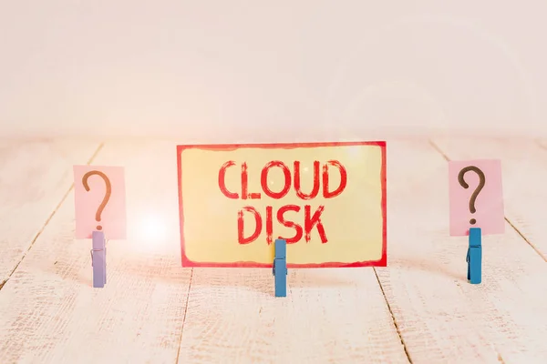 Text sign showing Cloud Disk. Conceptual photo web base service that provides storage space on a remote server Scribbled and crumbling sheet with paper clips placed on the wooden table.
