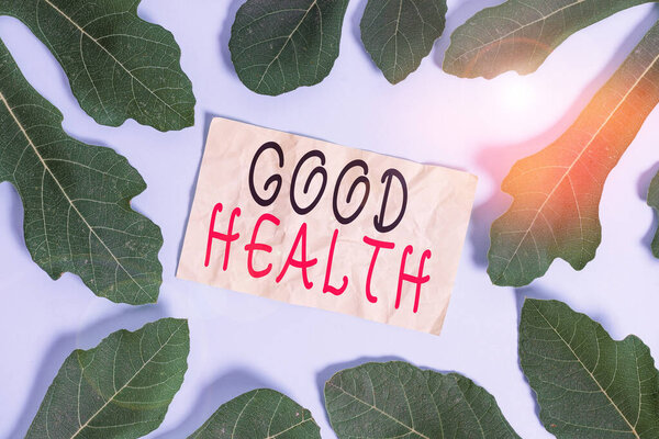 Conceptual hand writing showing Good Health. Business photo showcasing state of being vigorous and free from bodily or mental disease Leaves surrounding notepaper above empty soft pastel table.