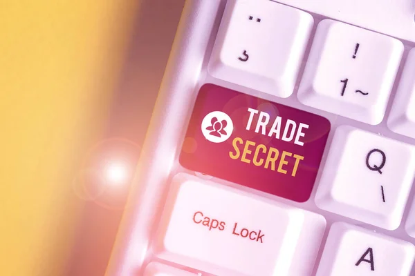 Text sign showing Trade Secret. Conceptual photo technique used by a company in analysisufacturing its products White pc keyboard with empty note paper above white background key copy space.