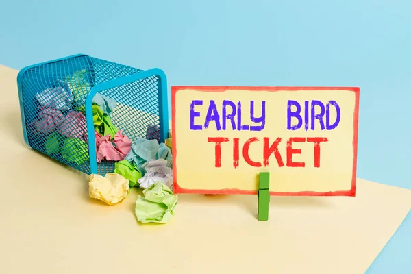 Writing note showing Early Bird Ticket. Business photo showcasing Buying a ticket before it go out for sale in regular price Trash bin crumpled paper clothespin reminder office supplies. — ストック写真