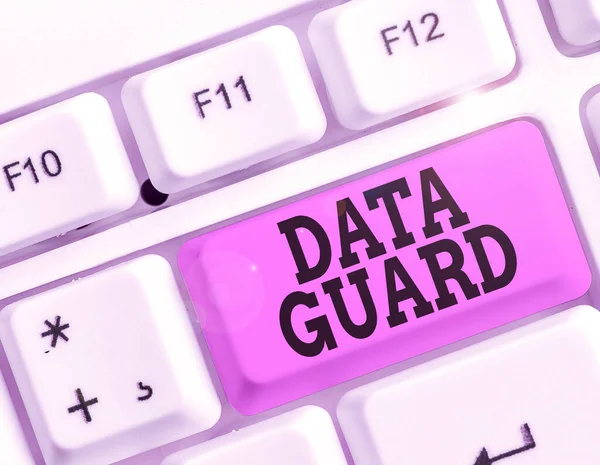 Data Guard 'ı gösteren bir not yazıyorum. Afetler ve veri yolsuzluklarını atlatmak için iş fotoğraflarında analiz veritabanları gösteriliyor. — Stok fotoğraf