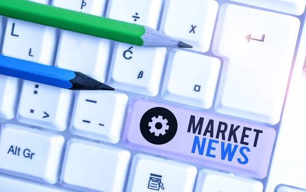 Writing note showing Market News. Business photo showcasing Commercial Notice Trade Report Market Update Corporate Insight. — Stok fotoğraf