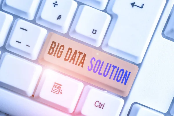 Text sign showing Big Data Solution. Conceptual photo Extracting value from huge volumes of a variety of facts White pc keyboard with empty note paper above white background key copy space.