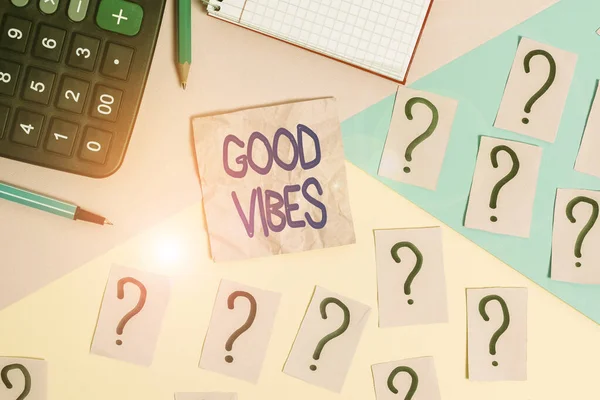 Handwriting text Good Vibes. Concept meaning slang phrase for the positive feelings given off by a demonstrating Mathematics stuff and writing equipment above pastel colours background.