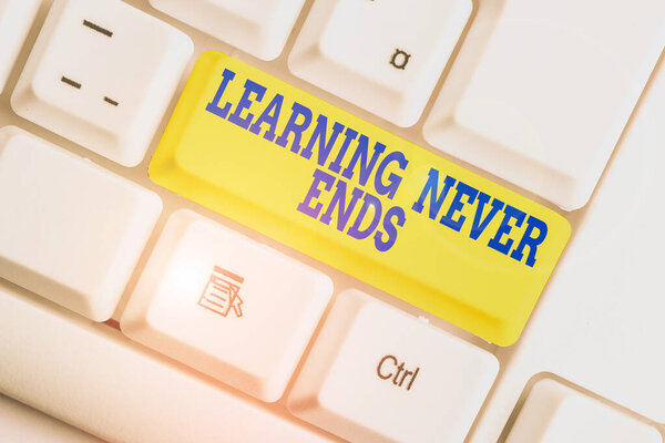 Текстовый знак, показывающий обучение никогда не заканчивается. Концептуальное фото Life Long Educational and Wellness Opportunities White pc keyboard with empty note paper above white background key copy space
.
